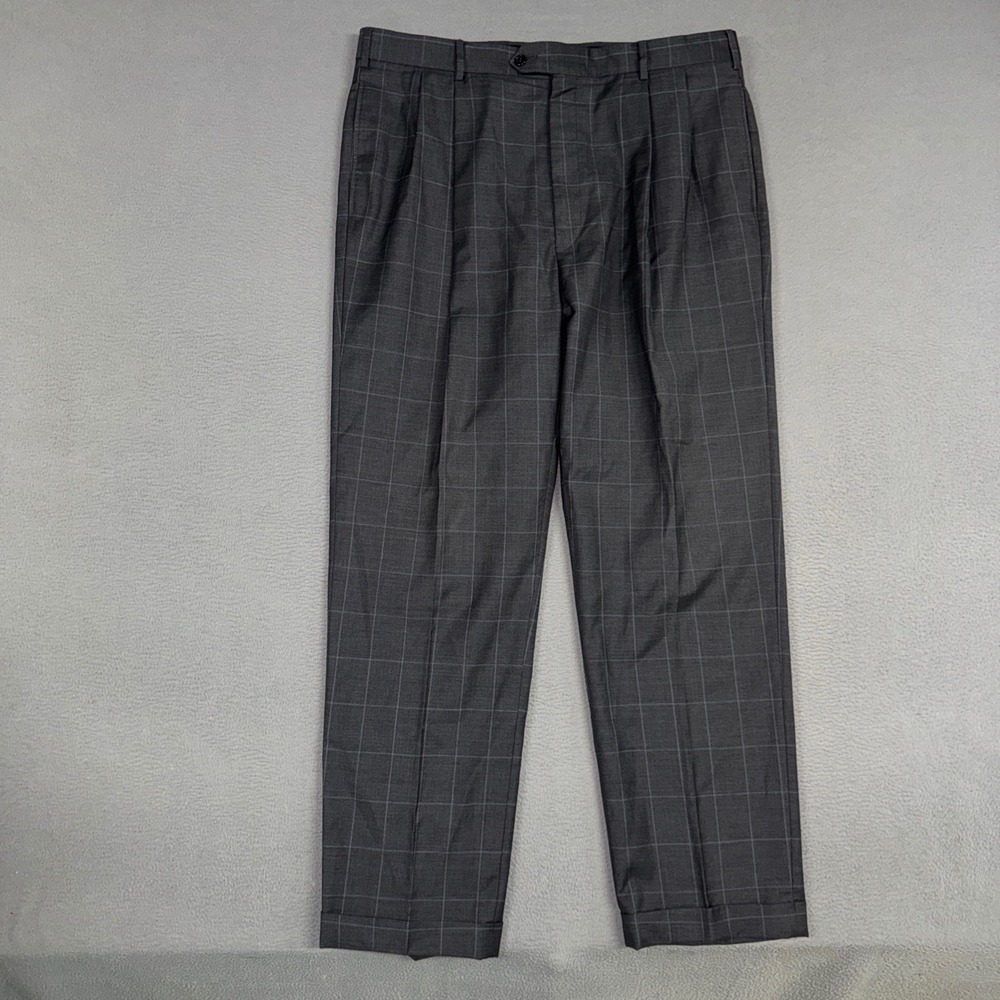 Jos. A. Bank Pants Mens 38x32 Gray Window Plaid Signature Pleated Cuffed Dress